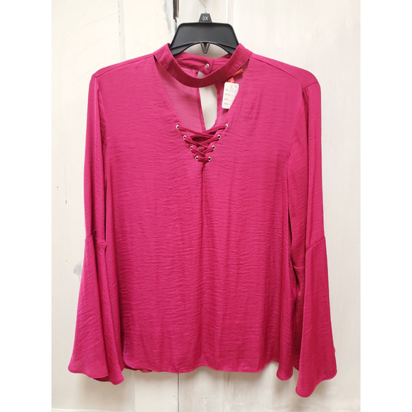 Jennifer Lopez Tops - Jennifer Lopez Magenta Pink Lace-Up Blouse XL Bell Sleeve Choker Neck Top
